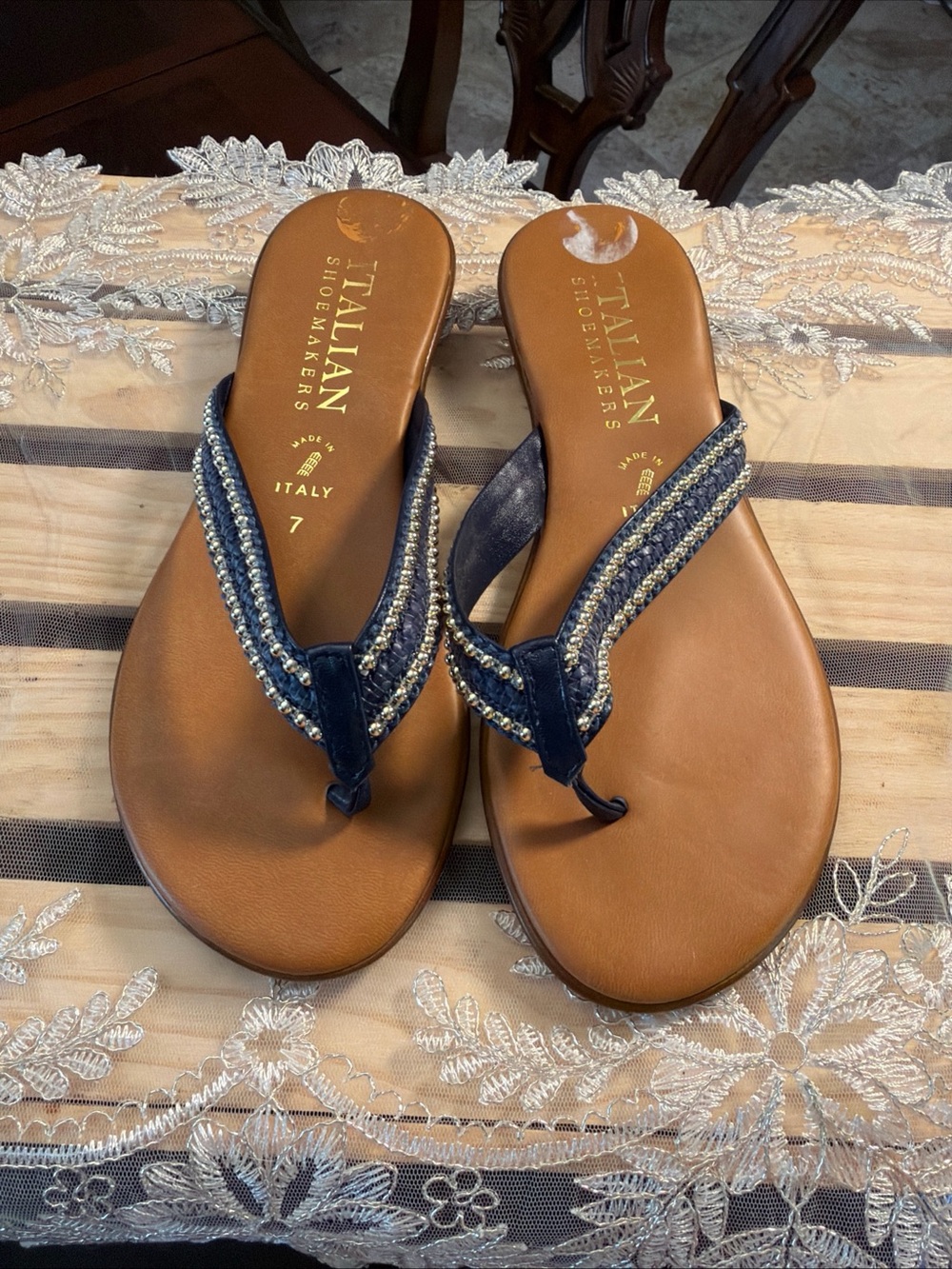 Italian Shoemakers Navy Blue Beaded Thong Sandals